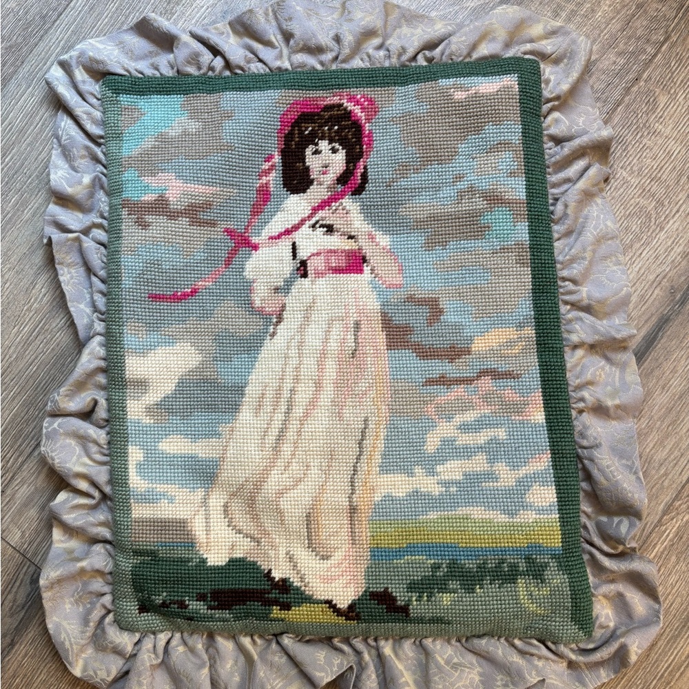 Custom Wool Needlepoint Pillow Cover Sham Grandma Cottagecore Ruffle Trim 20x16” - Picture 9 of 10